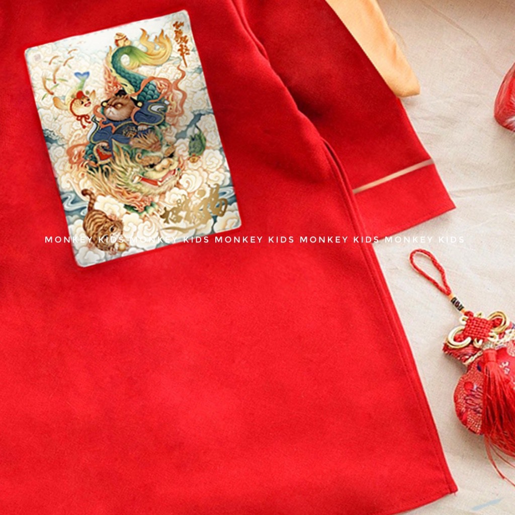Áo dài cách tân bé trai Thiên Long mặc Tết in hình sắc nét chất liệu nhung chéo hàn size đại_ hàng loại 1 Monkey kids