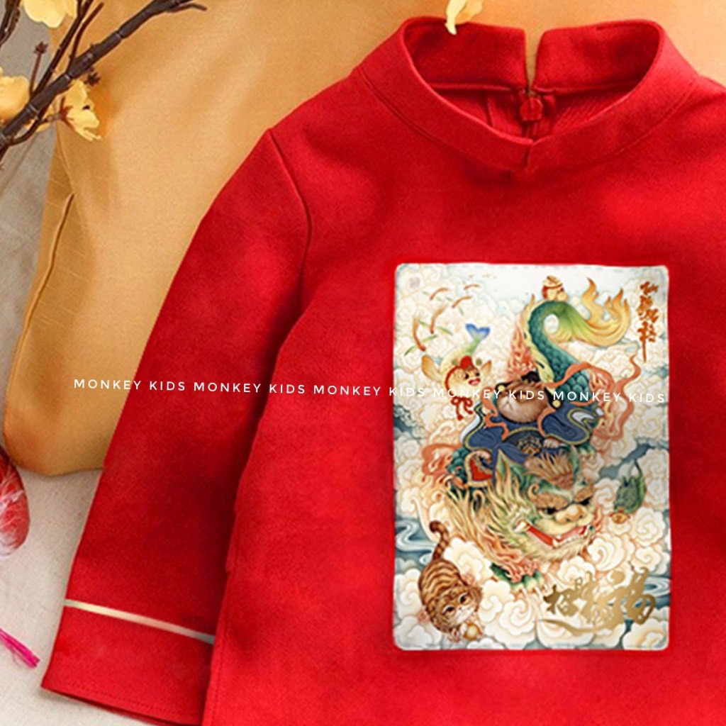 Áo dài cách tân bé trai Thiên Long mặc Tết in hình sắc nét chất liệu nhung chéo hàn size đại_ hàng loại 1 Monkey kids