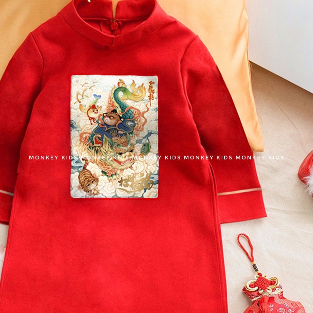 Áo dài cách tân bé trai Thiên Long mặc Tết in hình sắc nét chất liệu nhung chéo hàn size đại_ hàng loại 1 Monkey kids