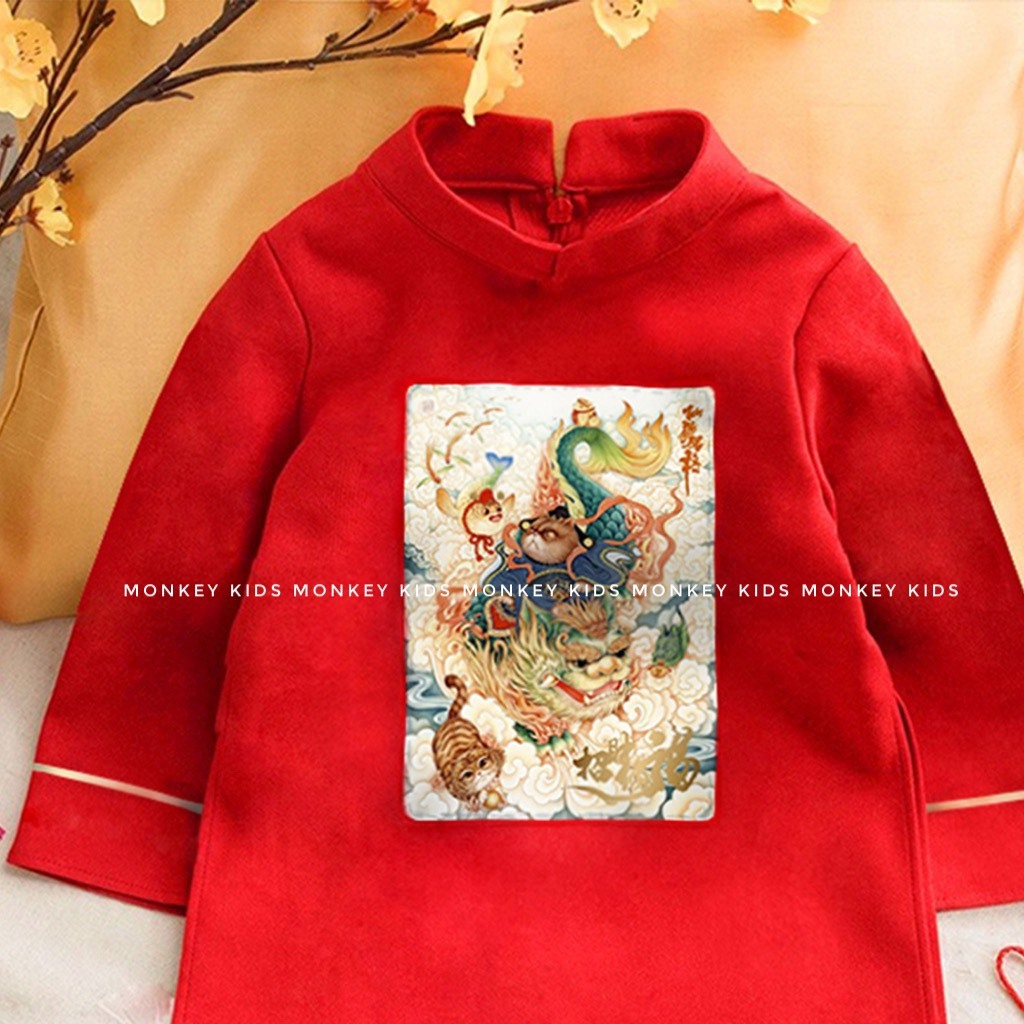 Áo dài cách tân bé trai Thiên Long mặc Tết in hình sắc nét chất liệu nhung chéo hàn size đại_ hàng loại 1 Monkey kids