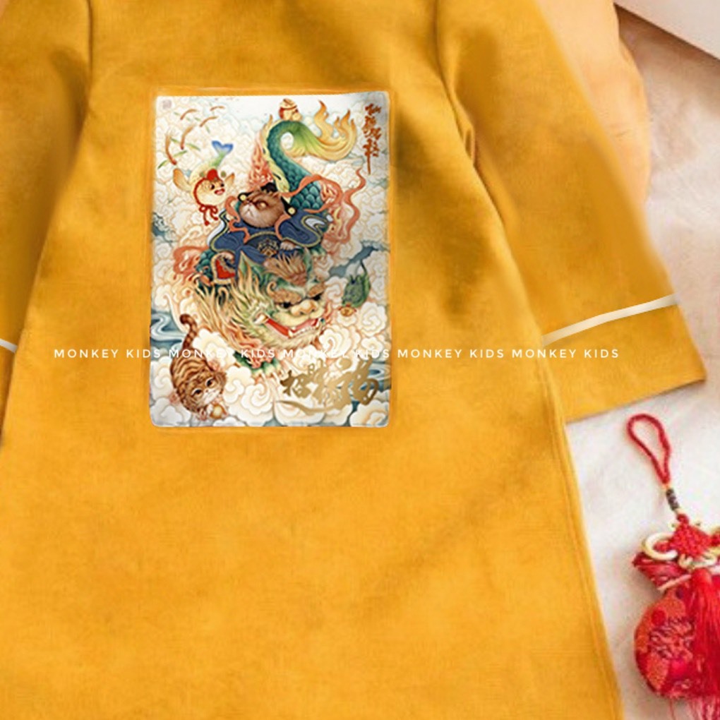 Áo dài cách tân bé trai Thiên Long mặc Tết in hình sắc nét chất liệu nhung chéo hàn size đại_ hàng loại 1 Monkey kids