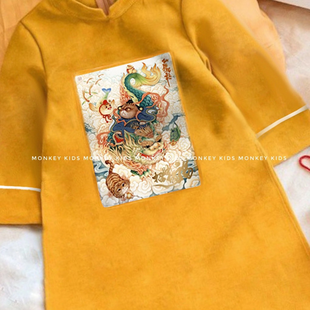 Áo dài cách tân bé trai Thiên Long mặc Tết in hình sắc nét chất liệu nhung chéo hàn size đại_ hàng loại 1 Monkey kids