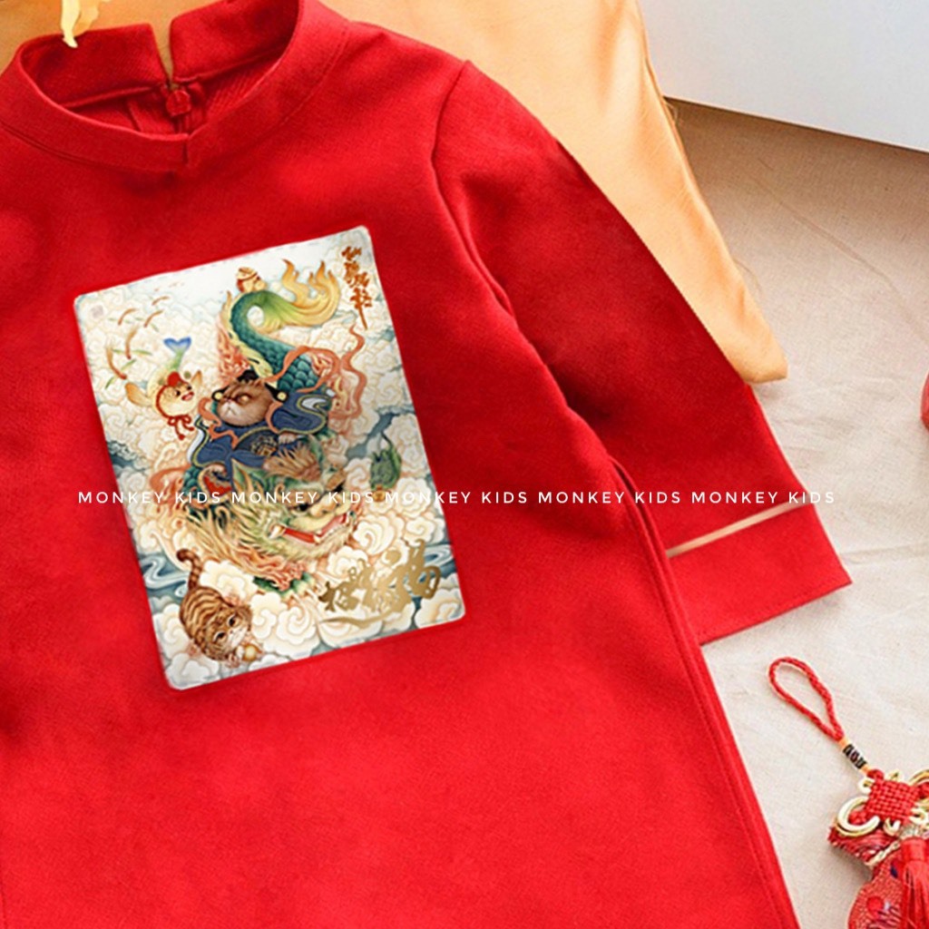 Áo dài cách tân bé trai Thiên Long mặc Tết in hình sắc nét chất liệu nhung chéo hàn size đại_ hàng loại 1 Monkey kids
