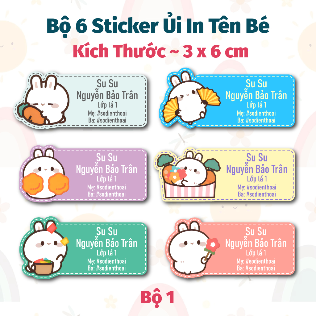 Bộ 6 Sticker Ủi In Tên Bé Mẫu Thỏ Trắng Dễ Thương - Sticker Ủi Quần Áo, Ba lô, Chăn Gối Đánh Dấu Đồ Dùng Cá Nhân Cho Bé