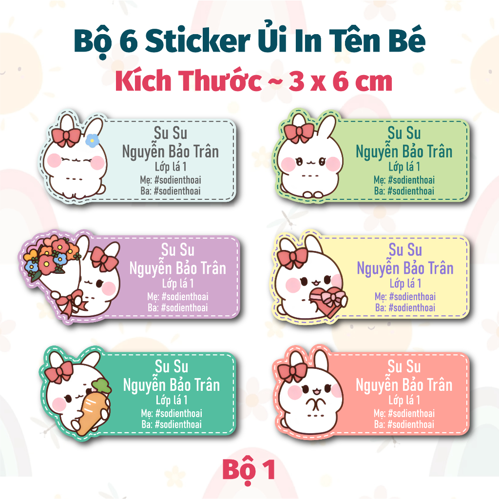 Bộ 6 Sticker Ủi In Tên Bé Mẫu Thỏ Xinh - Sticker Ủi Quần Áo, Ba lô, Chăn Gối Đánh Dấu Đồ Dùng Cá Nhân Cho Bé
