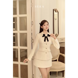SERA- Set áo khoác dáng ôm và chân váy chữ a dạ text ALMIRA tiểu thư (Tặng kèm nơ cài)