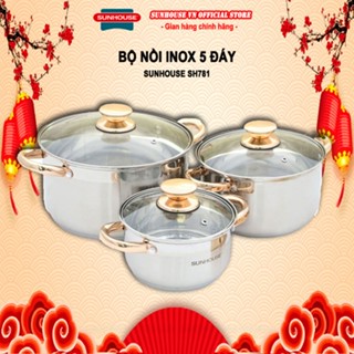 Bộ Nồi Inox 5 Đáy SUNHOUSE SH781 Mạ Vàng quai cầm, Sử Dụng được trên Mọi Loại Bếp (Có 3 size 16,20,24cm)