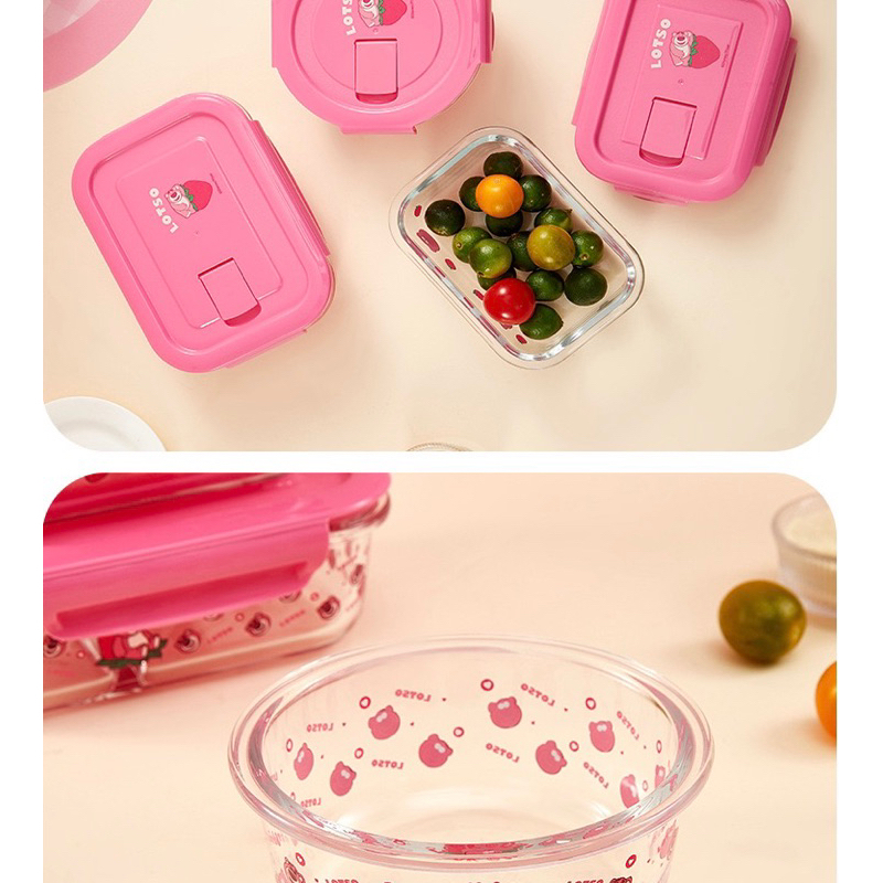 Hộp Thuỷ Tinh Đựng Cơm Trưa Hình Gấu Dâu Có Nắp Đậy Dùng Trong Lò Vi Sóng -