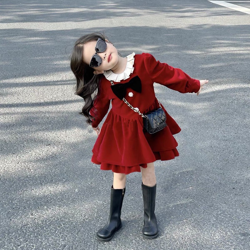 Váy công chúa nhung xòe 2 tầng phối cổ bèo xinh cho bé gái, váy noel cho bé 10 - 24kg SHOP MẸ MIU