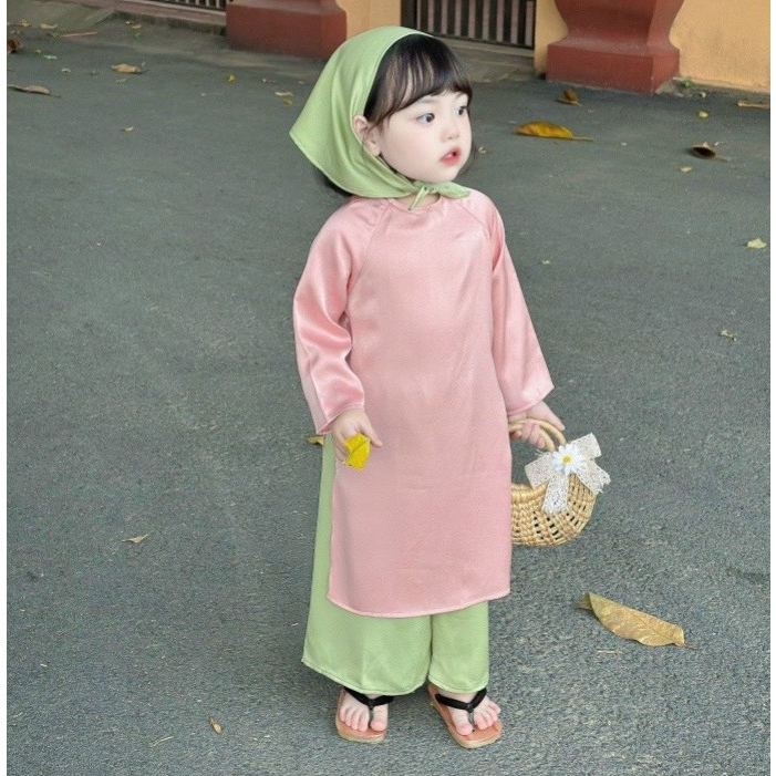 Áo dài lụa hồng phấn cho bé gái, Áo dài cho bé 8-28kg phối màu xanh hồng kèm khăn cho bé mặc tết, đi chơi SHOP MẸ MIU