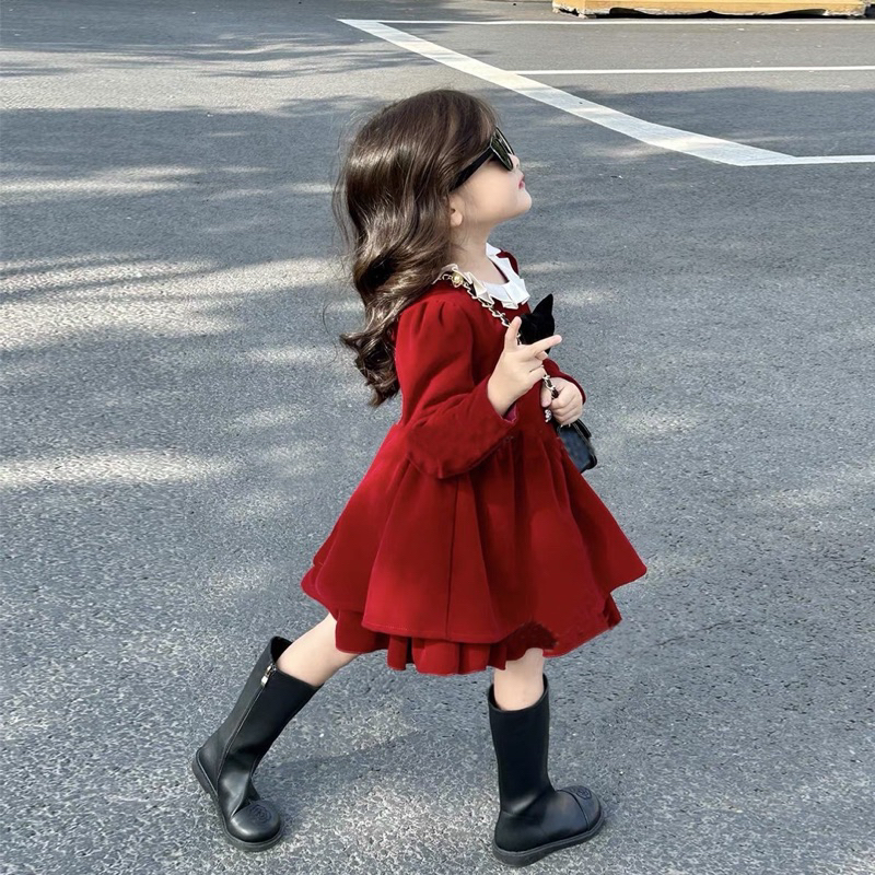 Váy công chúa nhung xòe 2 tầng phối cổ bèo xinh cho bé gái, váy noel cho bé 10 - 24kg SHOP MẸ MIU