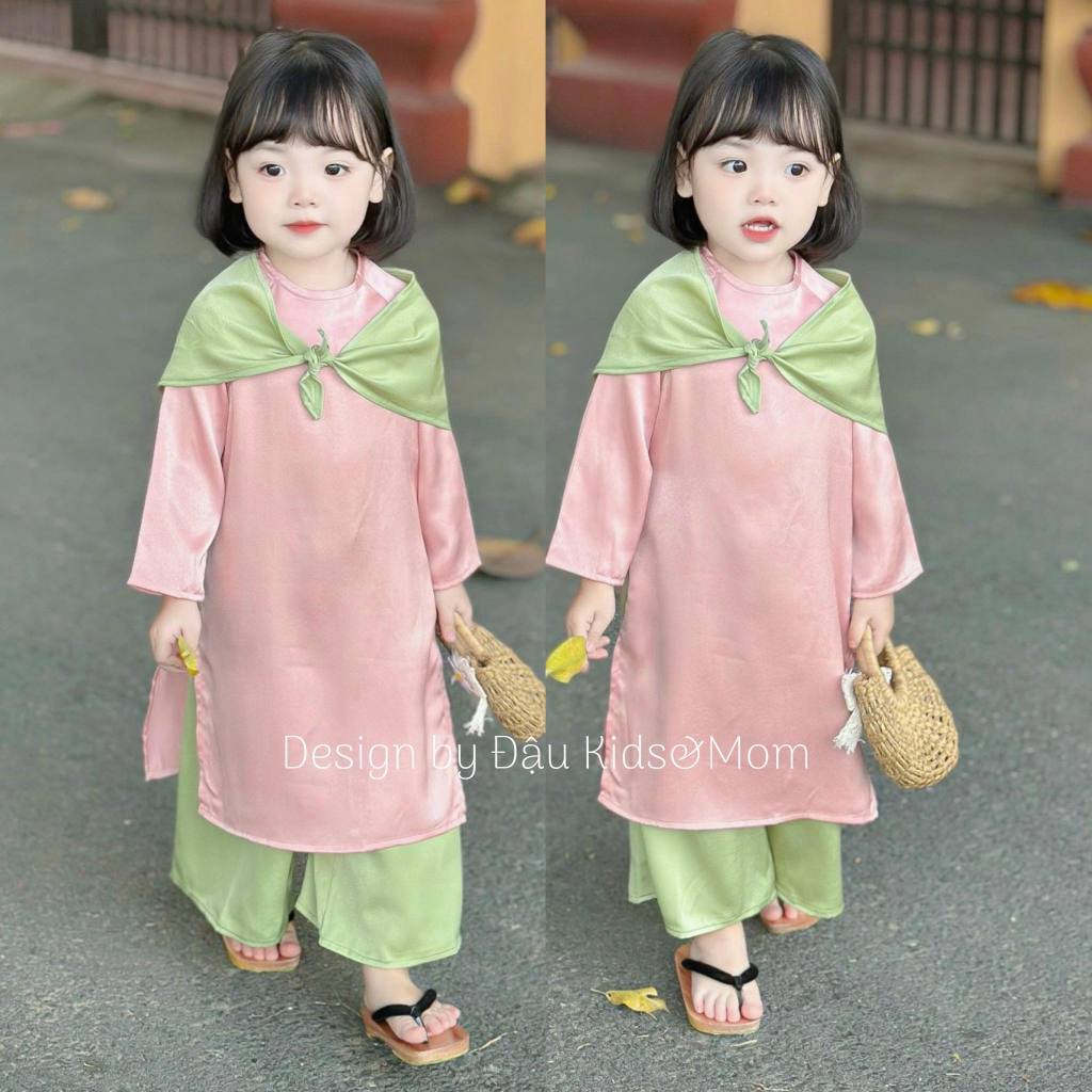 Áo dài lụa hồng phấn cho bé gái, Áo dài cho bé 8-28kg phối màu xanh hồng kèm khăn cho bé mặc tết, đi chơi SHOP MẸ MIU