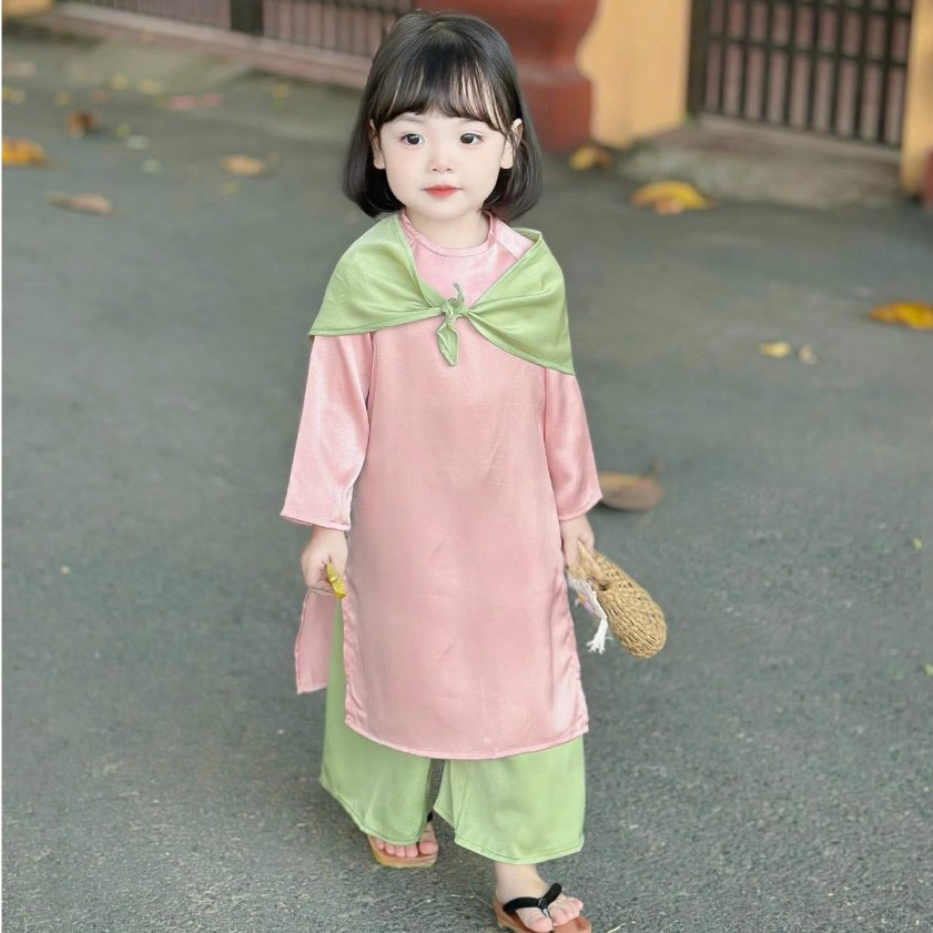 Áo dài lụa hồng phấn cho bé gái, Áo dài cho bé 8-28kg phối màu xanh hồng kèm khăn cho bé mặc tết, đi chơi SHOP MẸ MIU