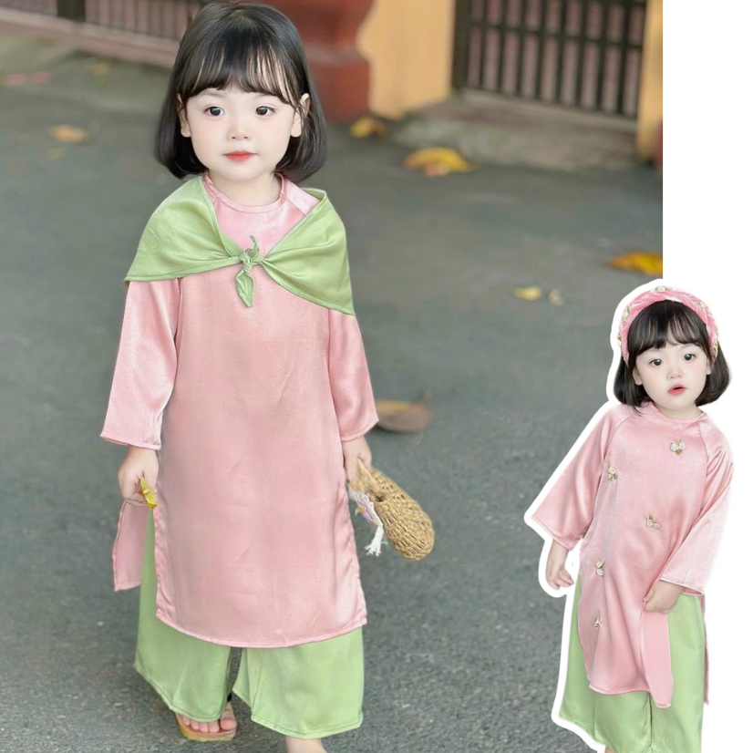 Áo dài lụa hồng phấn cho bé gái, Áo dài cho bé 8-28kg phối màu xanh hồng kèm khăn cho bé mặc tết, đi chơi SHOP MẸ MIU