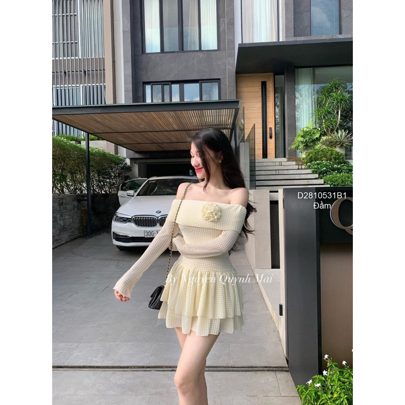 Đầm xòe trễ vai tay dài phối tầng ngực đính hoa sang trọng VIENS STORE