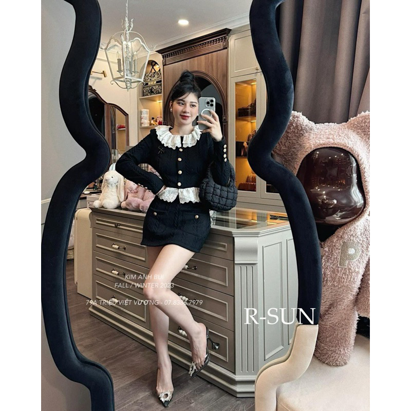 Set Váy Len Thừng Áo cúc đồng phối Bèo S27