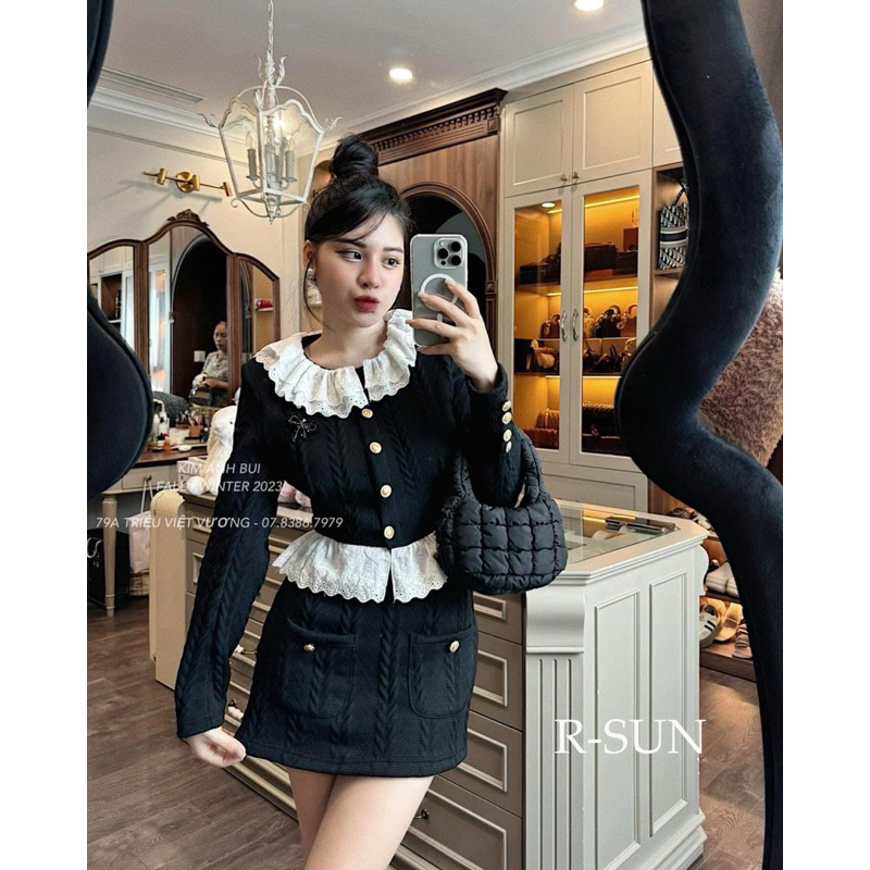 Set Váy Len Thừng Áo cúc đồng phối Bèo S27