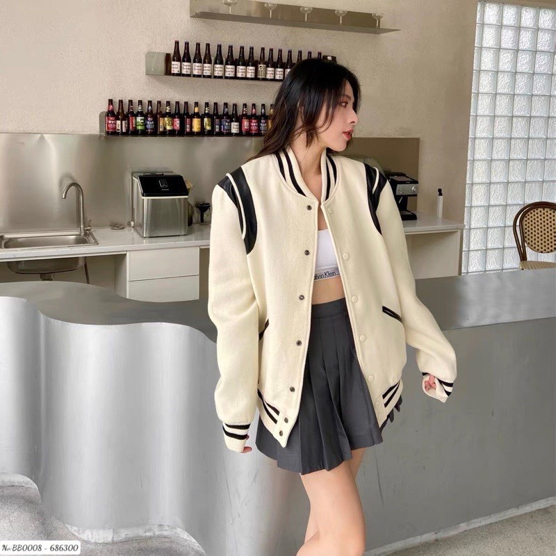 Áo Khoác Bomber Phối Tay Da Áo Khoác Bomber Dạ 2 Lớp Unisex Cao Cấp