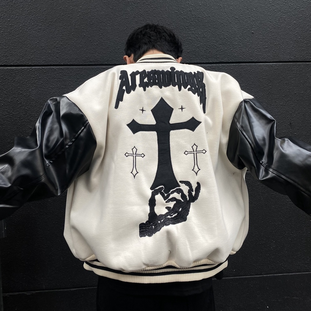 Áo Khoác Bomber Phối Tay Da Áo Khoác Bomber Dạ 2 Lớp Unisex Cao Cấp