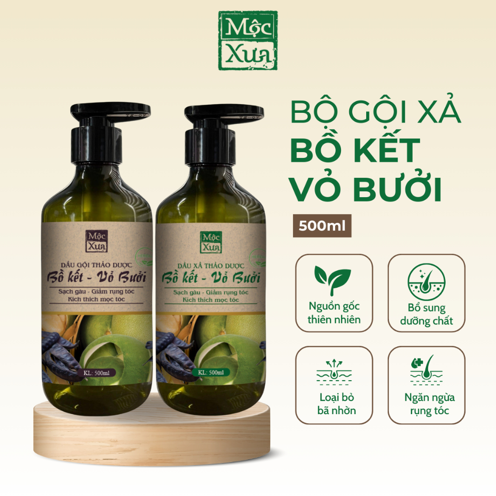 Bộ dầu gội xả bồ kết, vỏ bưởi Mộc Xưa 500ml ngăn ngừa rụng tóc, kích thích mọc tóc, nuôi dưỡng chân tóc chắc khỏe