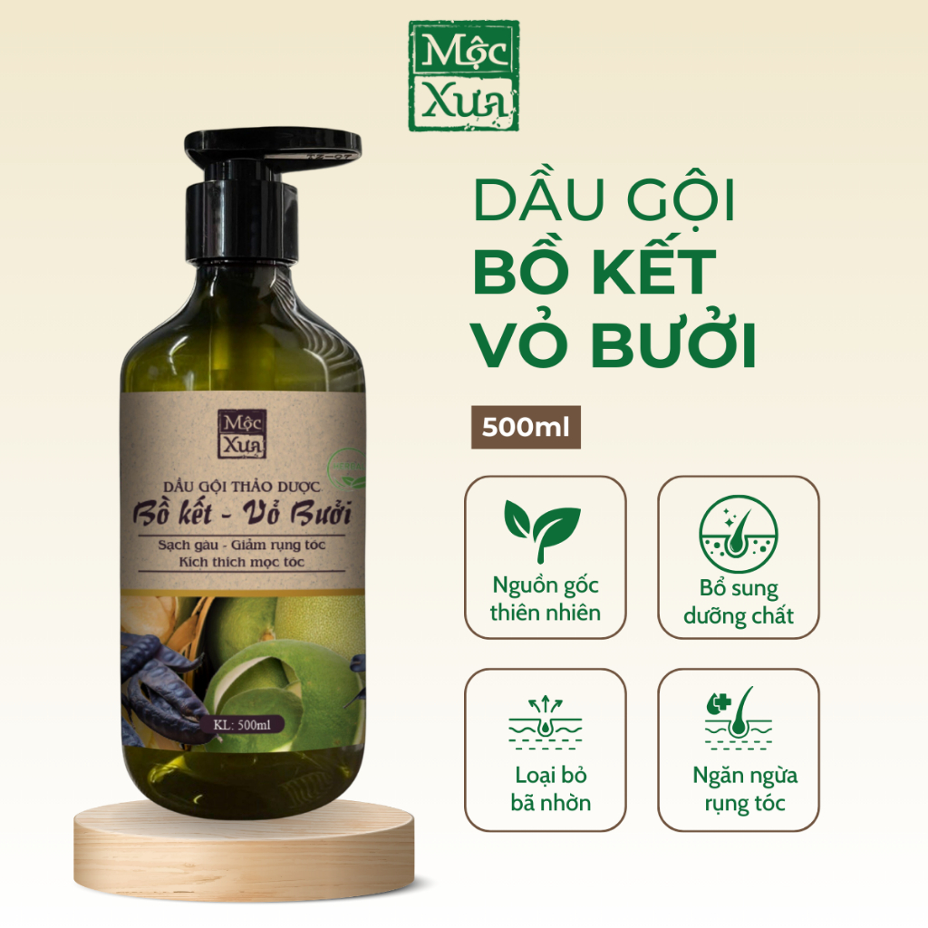 Dầu gội bồ kết, vỏ bưởi Mộc Xưa 500ml chiết xuất thiên nhiên bổ sung dưỡng chất cho tóc, làm sạch da đầu hiệu quả
