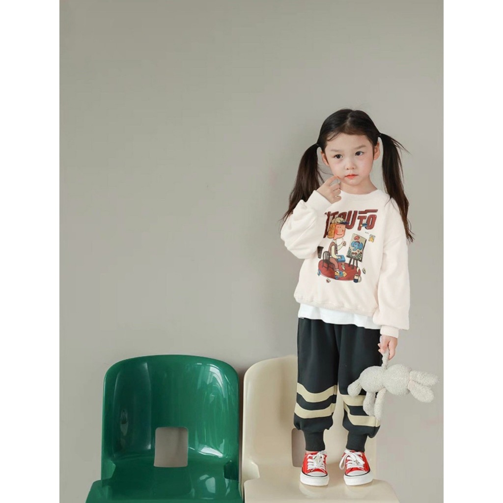 Set bộ quần áo nỉ cho bé gái mùa Thu Đông phong cách cá tính dễ thương size 12-45kg