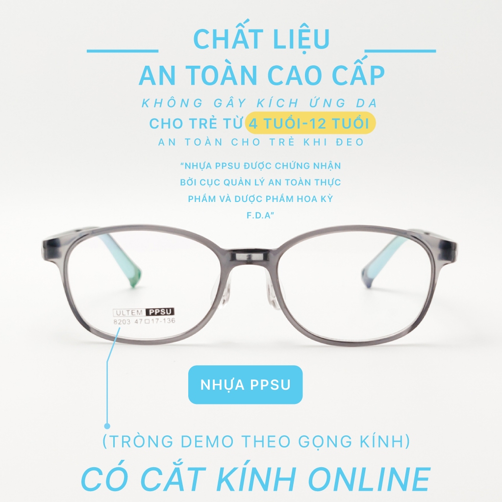 Gọng kính trẻ em LB EYEWEAR 8203 mắt kính vuông siêu dẻo chống gãy, tròng chống bụi, chống tia UV an toàn cho bé