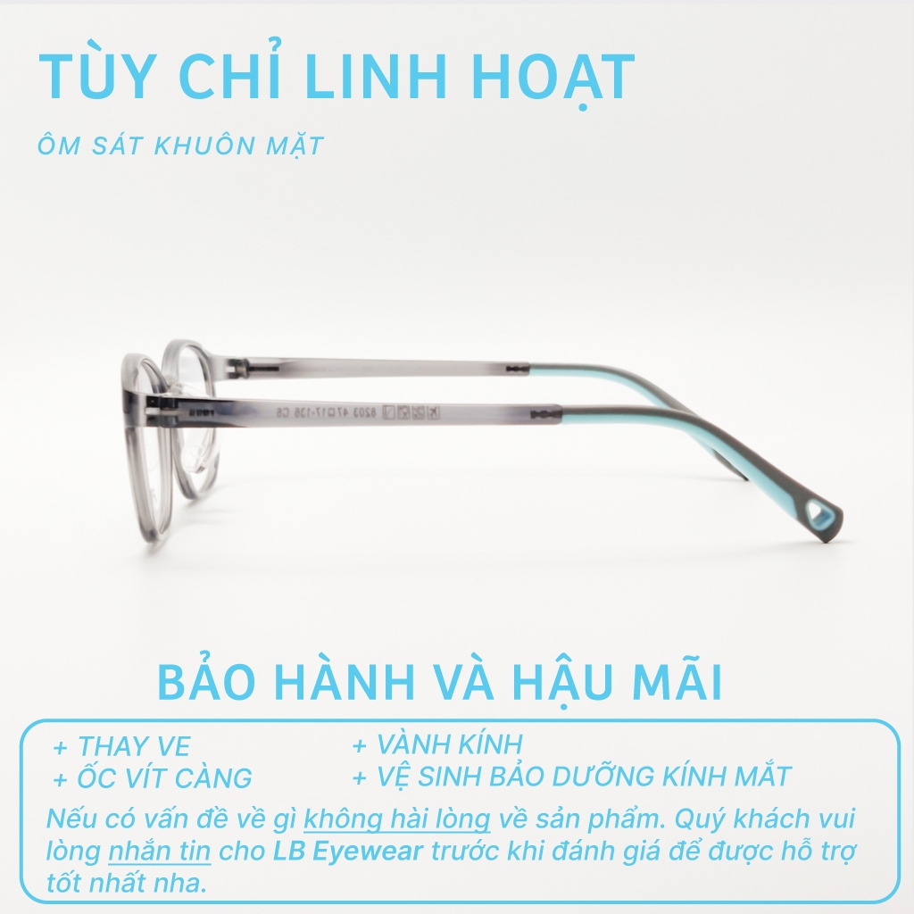 Gọng kính trẻ em LB EYEWEAR 8203 mắt kính vuông siêu dẻo chống gãy, tròng chống bụi, chống tia UV an toàn cho bé