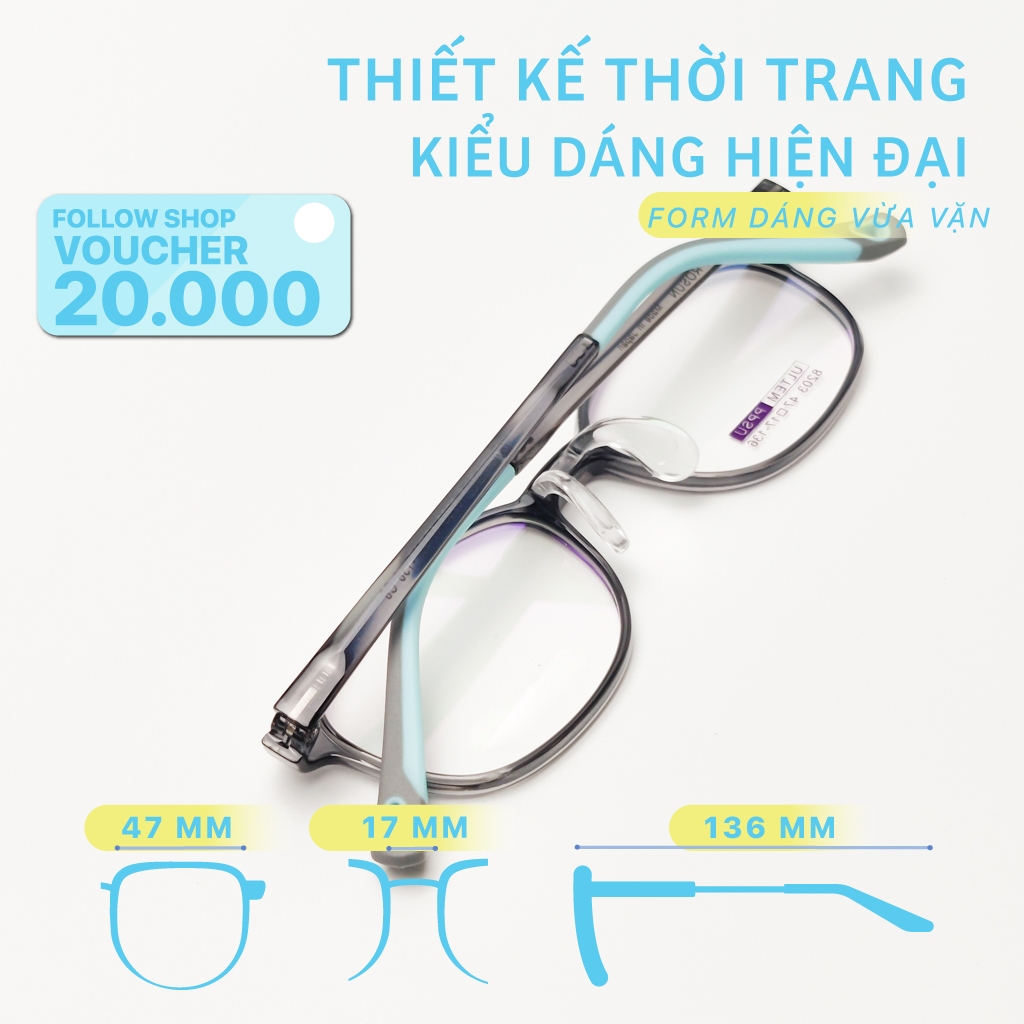 Gọng kính trẻ em LB EYEWEAR 8203 mắt kính vuông siêu dẻo chống gãy, tròng chống bụi, chống tia UV an toàn cho bé