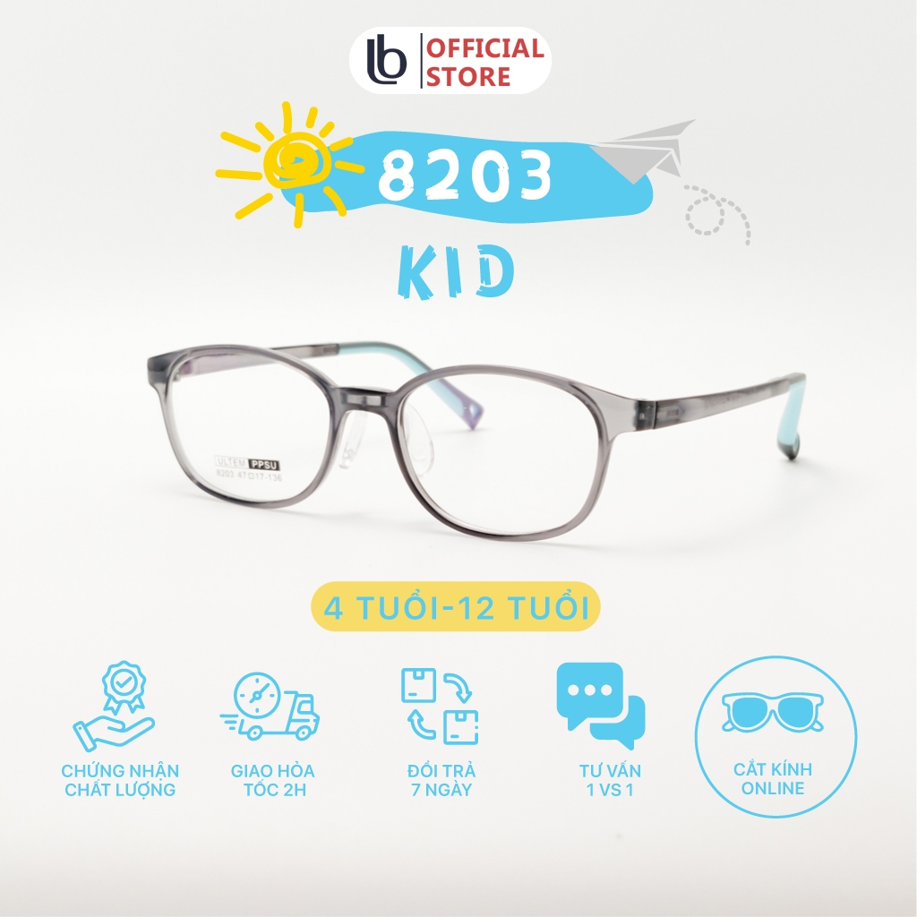 Gọng kính trẻ em LB EYEWEAR 8203 mắt kính vuông siêu dẻo chống gãy, tròng chống bụi, chống tia UV an toàn cho bé