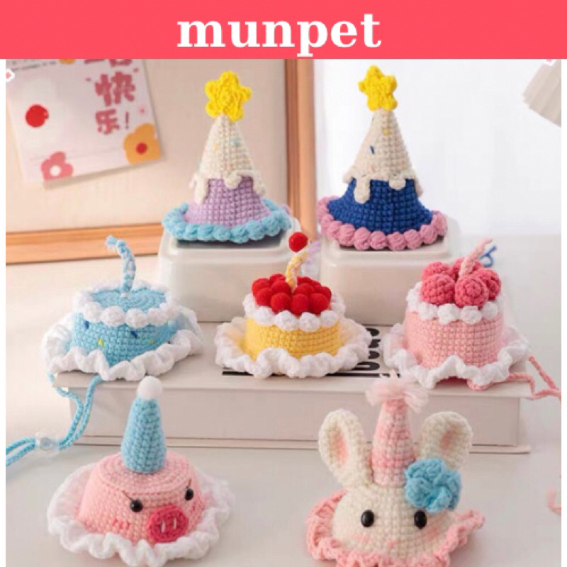 (Hàng có sẵn) Mũ len bánh sinh nhật đan thủ công cho chó mèo Munpet, mũ len handmade cho thú cưng