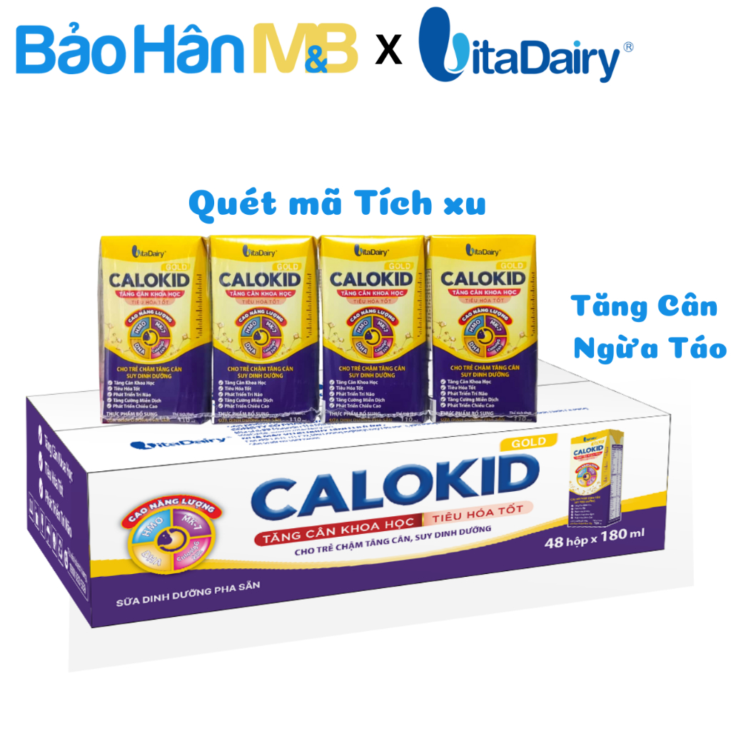 Sữa bột pha sẵn CaloKid Gold Vitadairy - Tăng Cân Khoa Học - Thùng x 48 Hộp 110ml,180ml