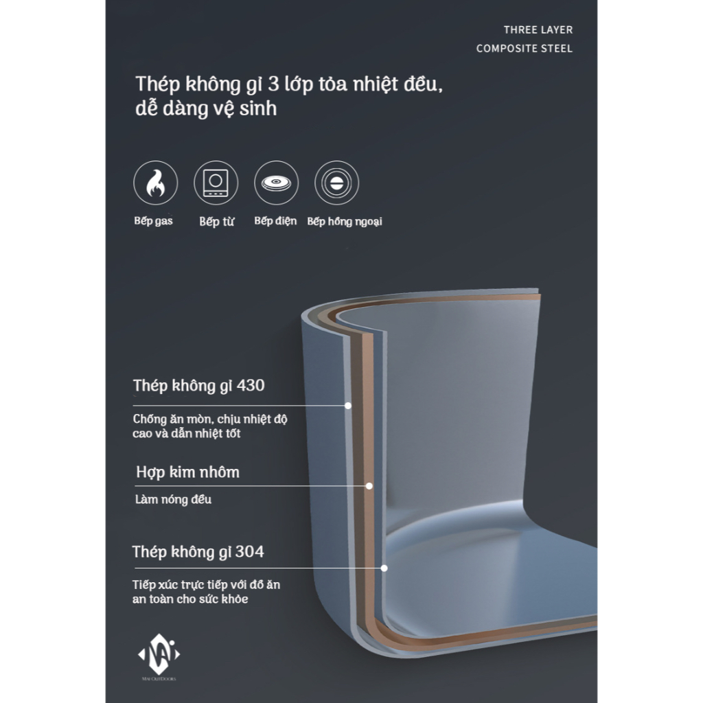 Nồi cơm thép không gỉ 3 lớp 3-4 người Campingmoon CC-21