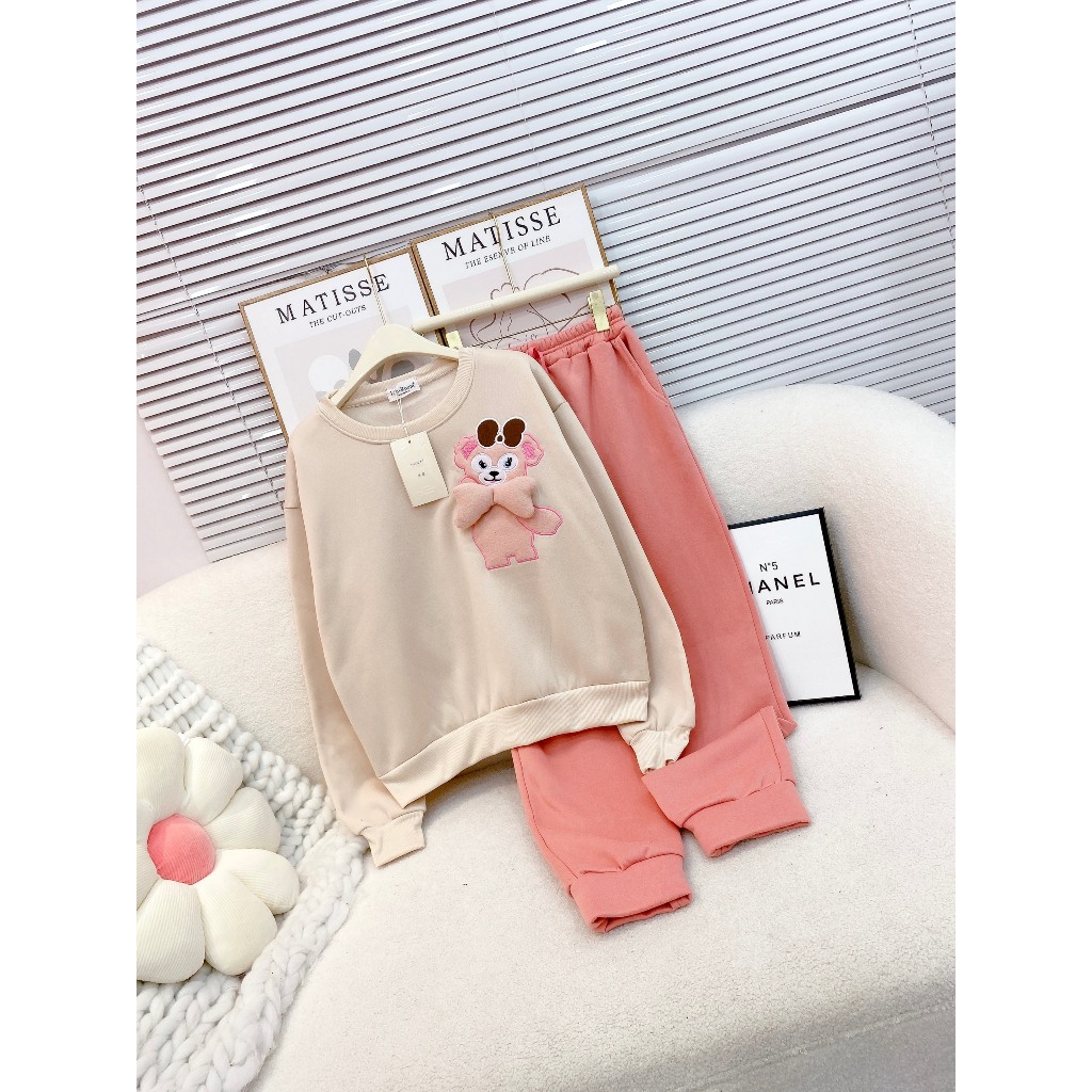 Set Bộ Đồ Nữ Áo Nỉ Kem Thêu Thỏ Nơ Hồng Mix Quần Dài Nỉ Tàu Màu Hồng Boom Gấu Freesize