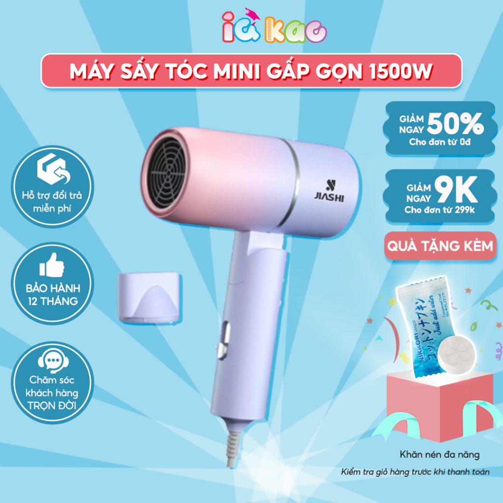 Máy sấy tóc mini gấp gọn tạo kiểu tóc chuyên nghiệp công suất lớn 1500w bảo hành 12 tháng, hỗ trợ tóc xơ rối IQ KAO