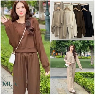 Set Bộ áo dài tay thu đông chất tăm cổ tròn áo croptop kèm quần ống rộng hottrend
