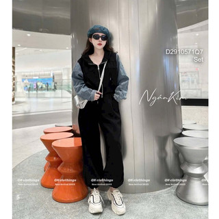 Set bộ 2 món thể thao nỉ áo khoác có nón chữ ngực phối tay jean dài kèm quần dài!