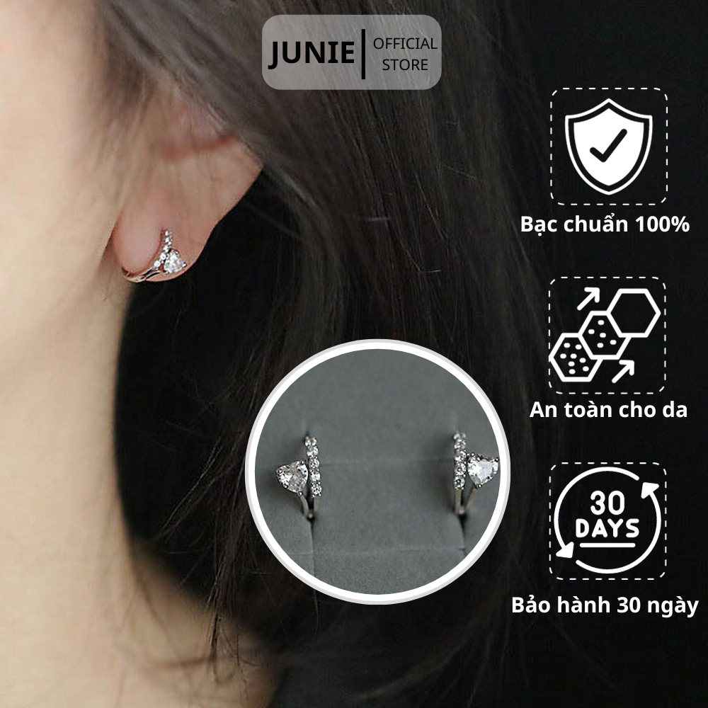 Bông Tai Bạc Mạ Bạch Kim JUNIE, Bông Tai Đính Đá Hình Trái Tim E-CARLY