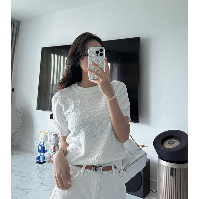 Áo Knit White Pattern LACIEL