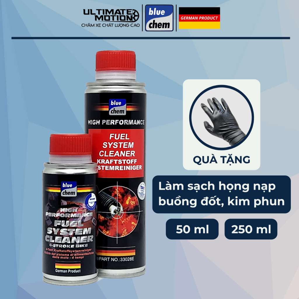 Vệ sinh buồng đốt Bluechem fuel system cleaner 50ml và 250ml làm sạch họng nạp, buồng đốt, kim phun - Ultimate Motion