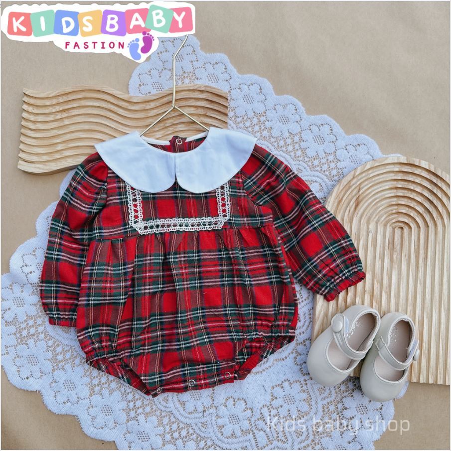 Bodysuit Dài tay kẻ caro đỏ phối cổ trắng cực xinh cho bé hàng thiết kế, Bộ liền thân trẻ em xinh xắn