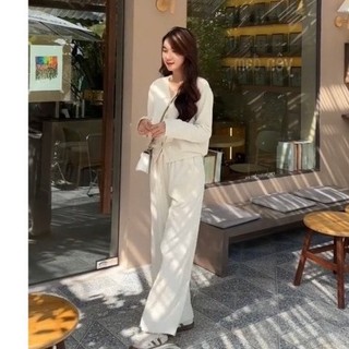 Set bộ đồ nữ áo dài tay thu đông cài khuy kèm quần ống xuông chất liệu dày dặn