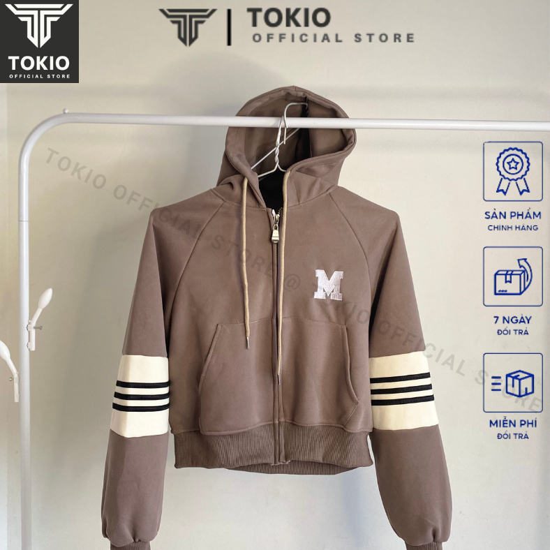 Áo khoác nỉ croptop dáng rộng siêu xinh phong cách Hàn Quốc, Áo khoác thu đông nữ hoodie zip TOKIO TK08