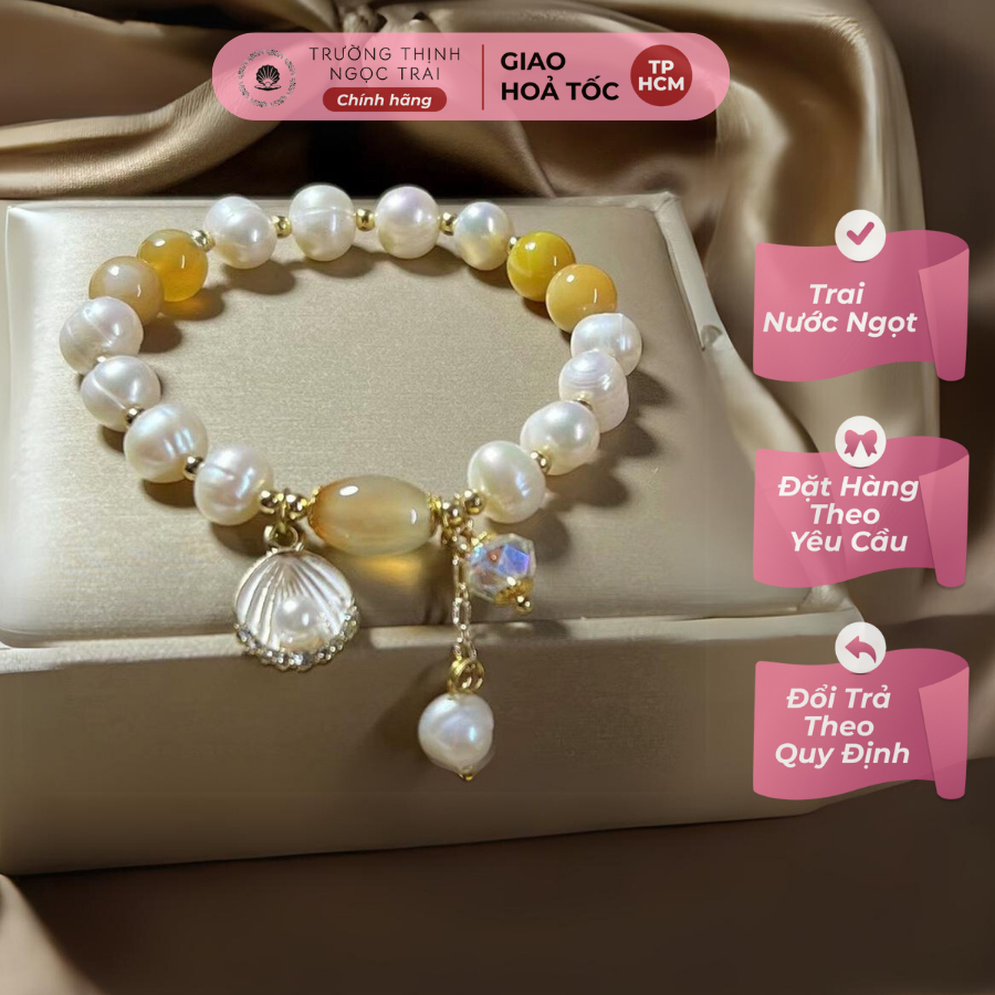 Vòng Tay Ngọc Trai 6-8ly Mix Đá Và Charm Vỏ Xò Siêu Xinh - Ngọc Trai Trường Thịnh