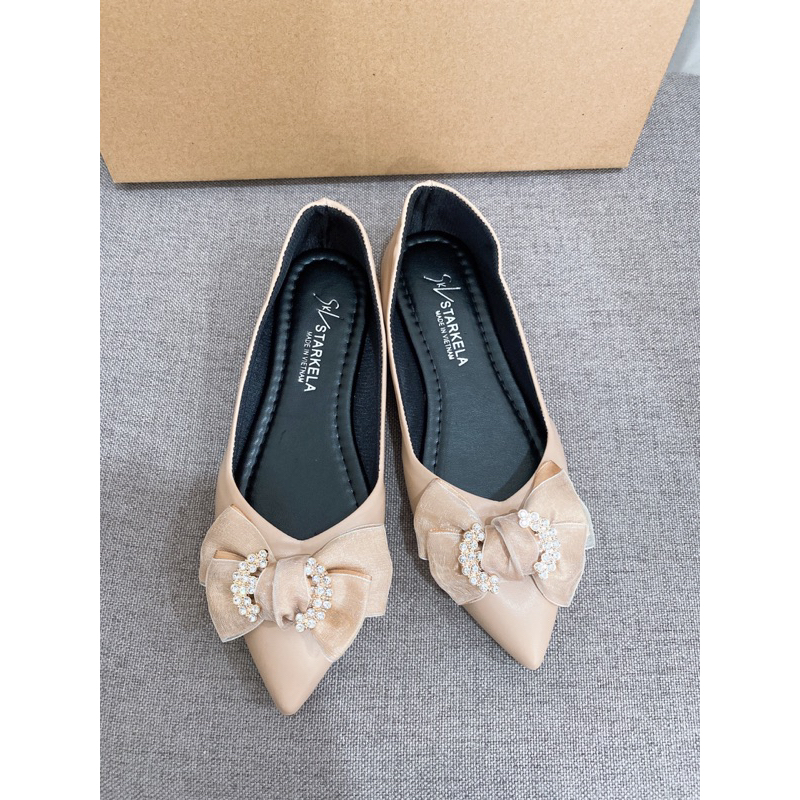 Giày búp bê nữ nơ lụa phối đá chất da mềm.