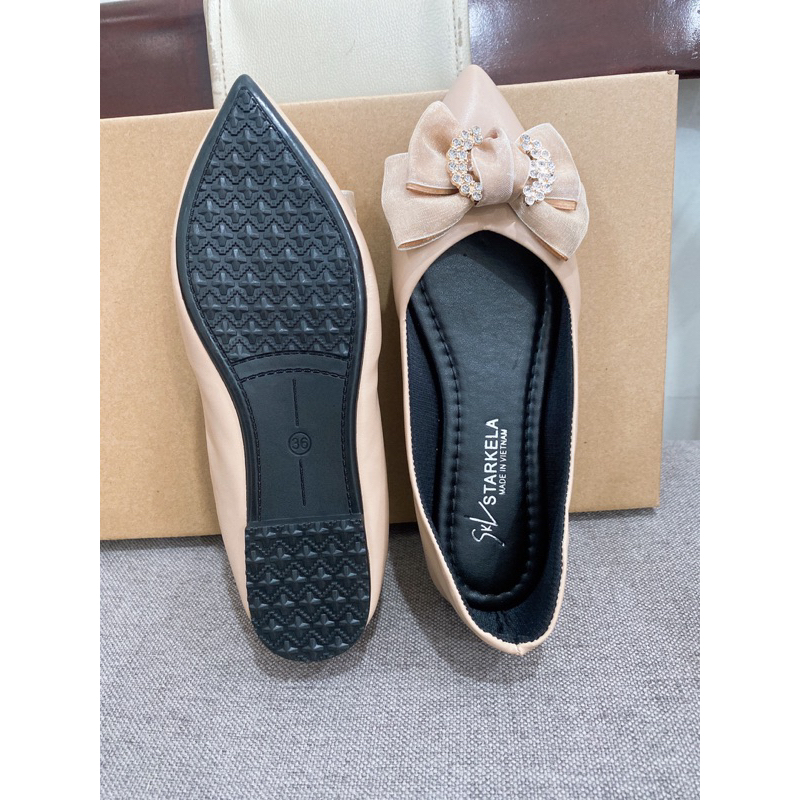 Giày búp bê nữ nơ lụa phối đá chất da mềm.