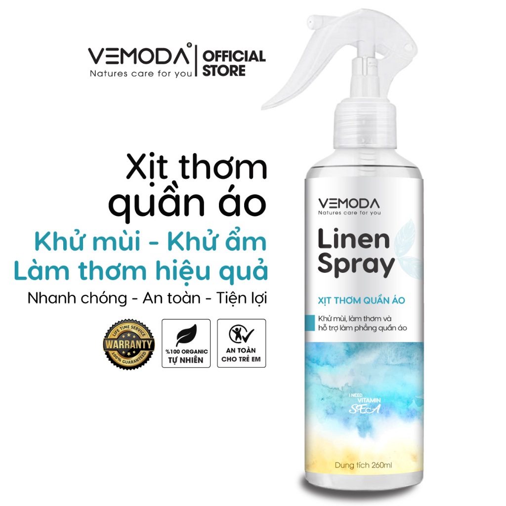 Xịt thơm quần áo Vitamin Sea 260ml, xịt quần áo VEMODA cao cấp giúp khử mùi ẩm mốc, làm thơm vải nhanh chóng