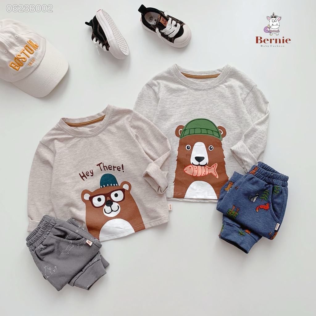 Bộ thu đông bé trai áo cotton gấu quần hoạ tiết Bernie - Bộ dài tay cho bé từ 9-23kg - 0623B002