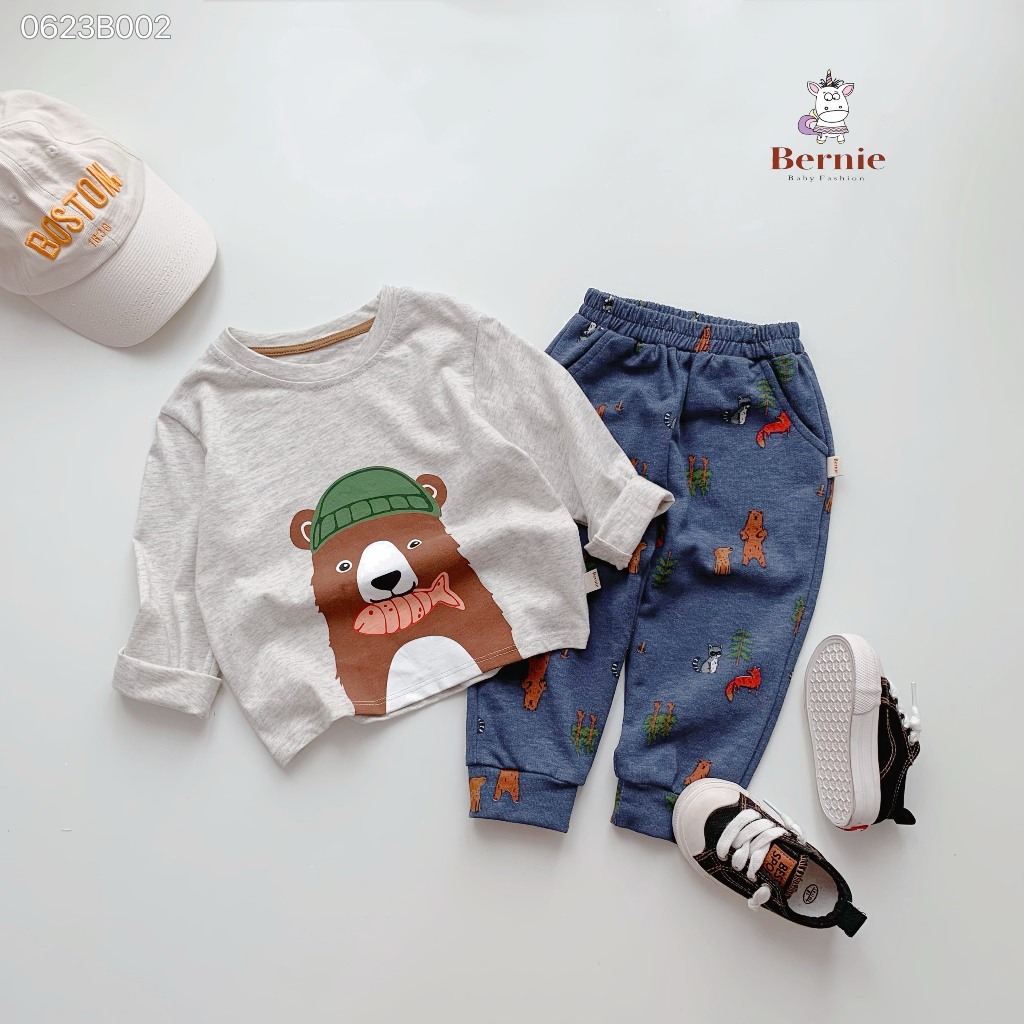 Bộ thu đông bé trai áo cotton gấu quần hoạ tiết Bernie - Bộ dài tay cho bé từ 9-23kg - 0623B002