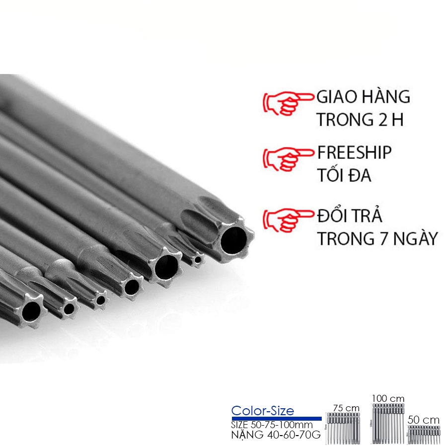 Bộ mũi vít hoa thị có lỗ chân lục giác thép S2,T5 đến T40 dài 50-75-100mm sử dụng cho tay cầm và máy vặn ốc